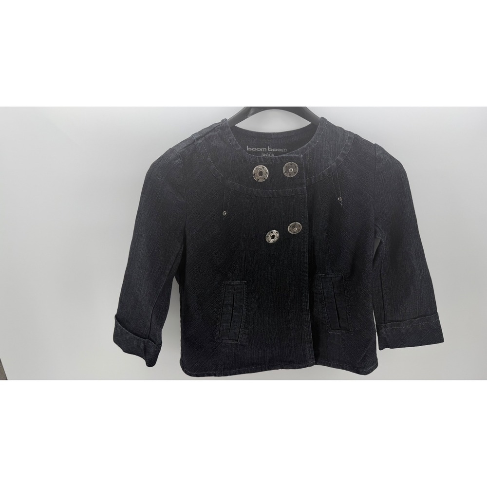 Boom Boom Jean Jacket Women Size M Black Blue Excellent Stretchy Cropped Button